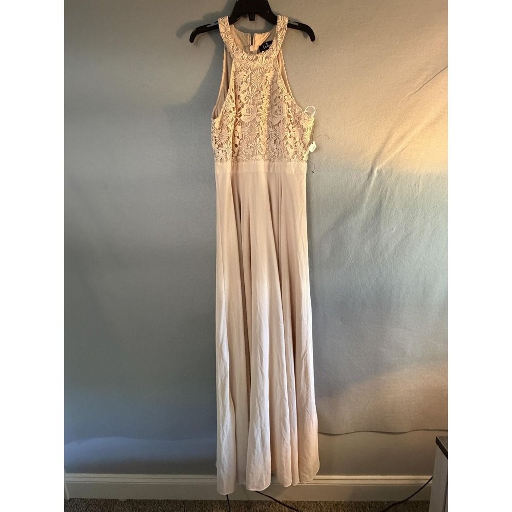 Lulus Dress Womens‎ XL Beige Lace Halter Maxi Fit & Flare Chiffon Formal Wedding